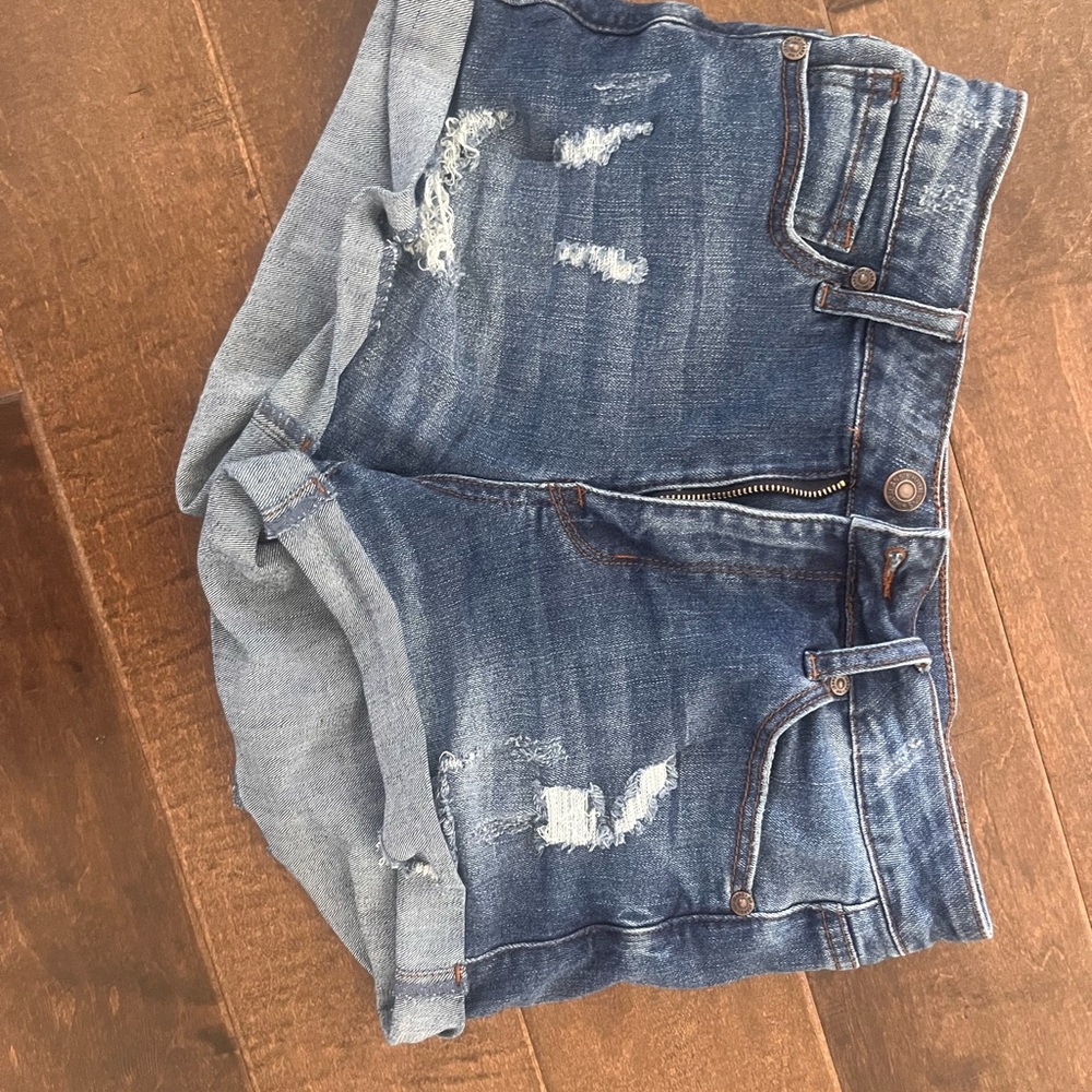 Blue Distressed Jean Shorts with Cuffed Hem